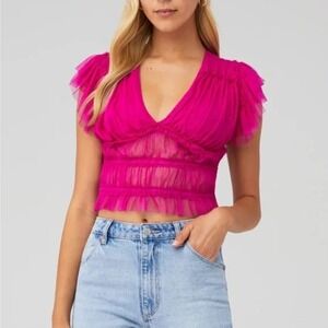 Free People Shirt Size Small Pink Making Me Smile Mesh Flutter Sleeve V-Neck Top
